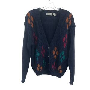 Laura Jean Navy Diamond Deep V-Neck Acrylic Cardigan Sweater Women’s L Vintage